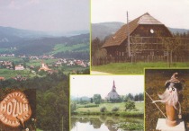 Na razglednici, ki jo je leta 1996 izdal Turistični podmladek Možuh na Osnovni šoli Lovrenc na Pohorju, je na panoramski sliki kraja je desno od farne cerkve lepo vidna cerkev sv. Radegunde. Na desni zgornji sličici je Ladejekovo na Puši. Spodaj od leve proti desni: emblem Turističnega podmladka Možuh, »farški tajht« z farno cerkvijo in palček Možuh, zvesti Jezernikov svetovalec. 
Ni bila poslana. title=