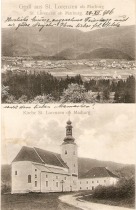 Zgoraj pogled na Lovrenc z juga, spodaj farna cerkev z župniščem. 
Izdelal Albin Sussitz, Gradec. Poslana 24. 12. 1906. title=