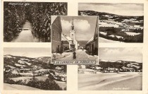 V sredini cerkev sv. Križa – pogled z Gornjega trga; levo: zgoraj skakalnica pri Strgarju, spodaj panorama od Hojnika; desno: zgoraj panorama od Koglerja, spodaj Glažučkopolje južno od Gornjega trga. 
Izdelal Heliosax, Maribor. Poslana 12. 1. 1940. title=
